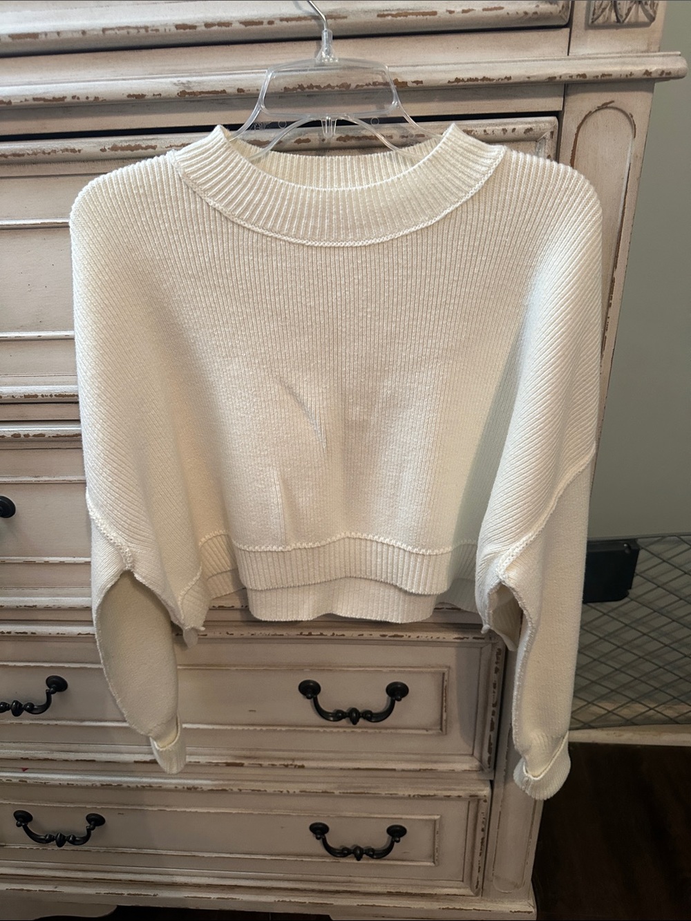 Free People Cream Cropped Crewneck Sweater